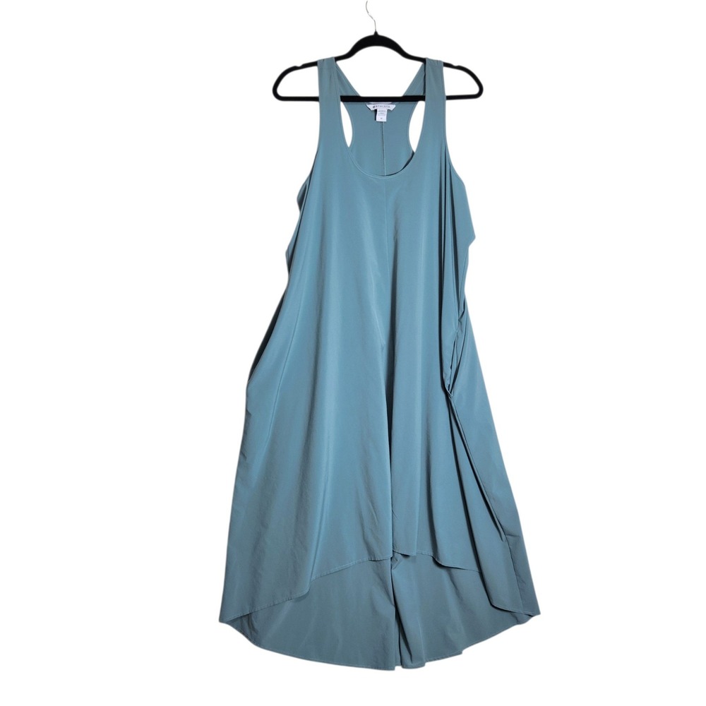 Athleta Presidio Dress 1X Dusty Blue Green Racerback High Low Midi Pocketed